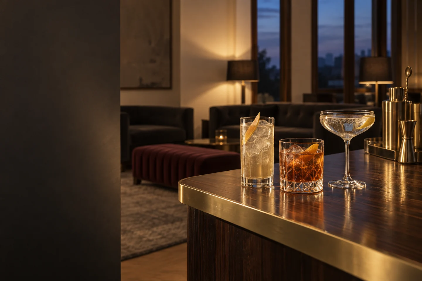 Illustrative corporate reception setting with sculptural glassware and warm evening light