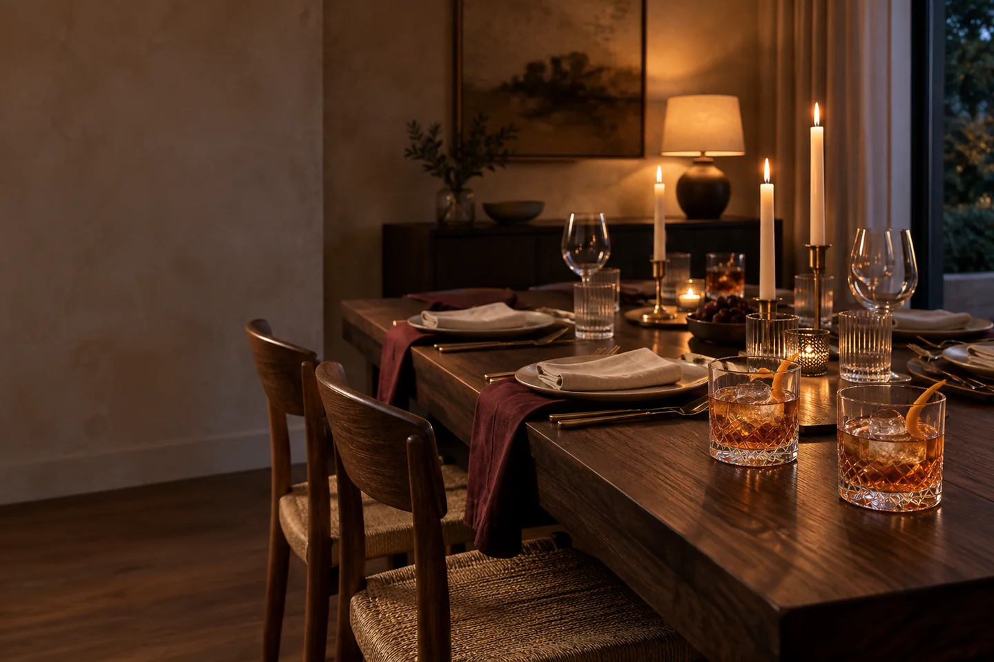 Illustrative intimate dinner setting with crystal glassware and warm candlelight
