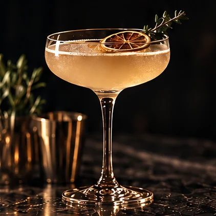 Illustrative golden cocktail in a crystal coupe with citrus and rosemary