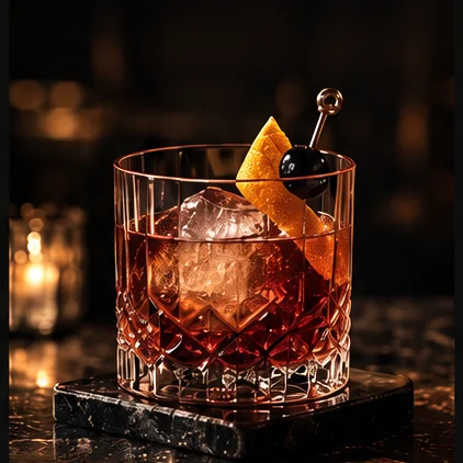 Illustrative amber cocktail in a cut-crystal rocks glass with orange peel
