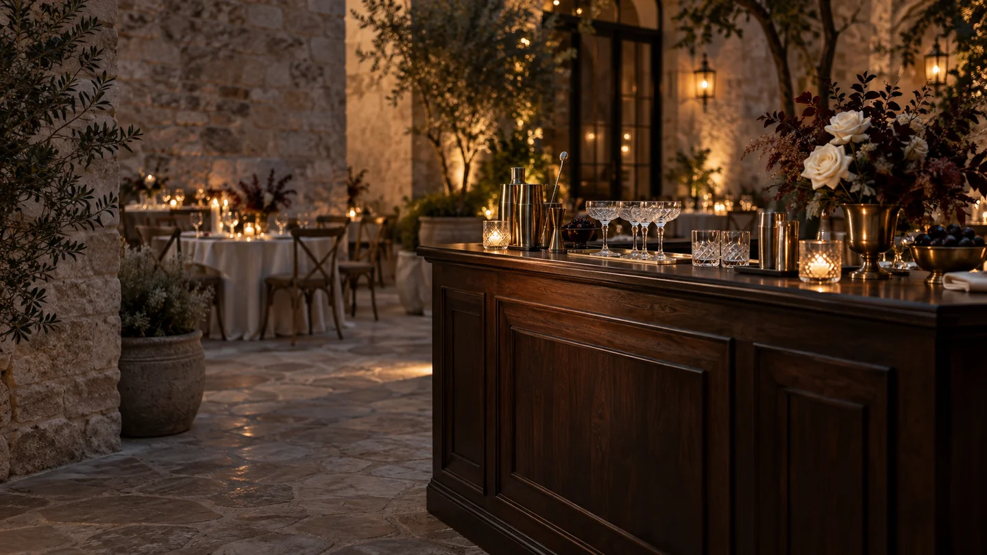 Illustrative courtyard bar setting with crystal glassware and candlelight