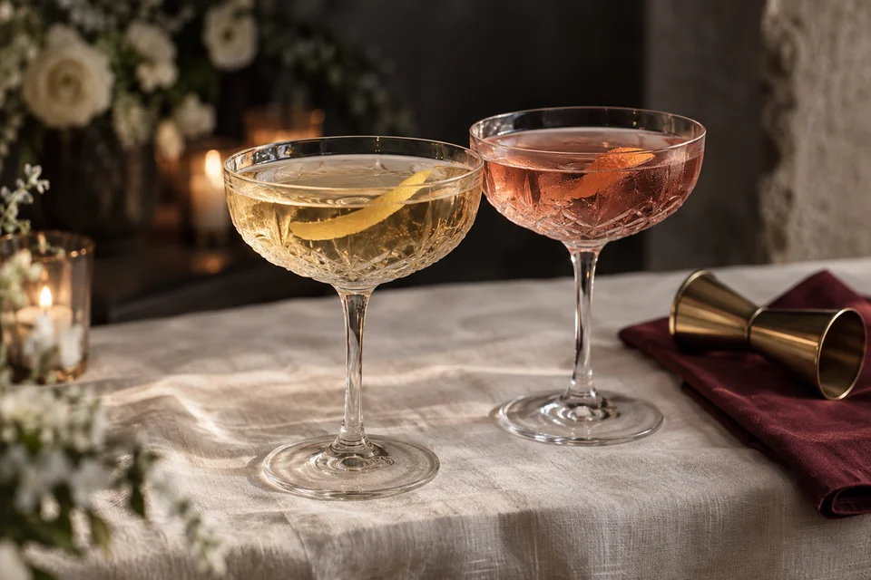 Two citrus-garnished cocktails in crystal coupes on cream linen